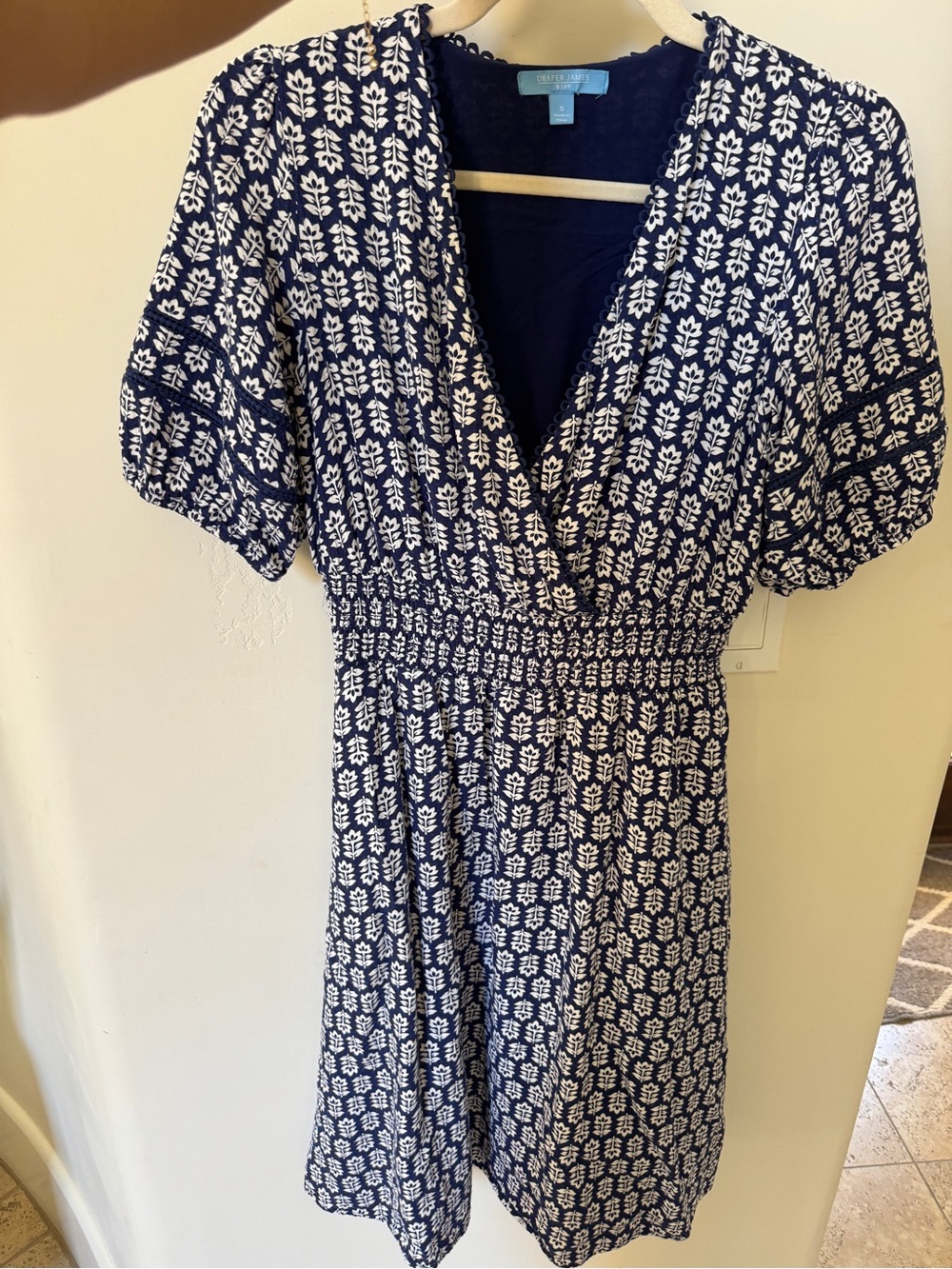 Draper James Blue and White Printed V-Neck Women’s Dress